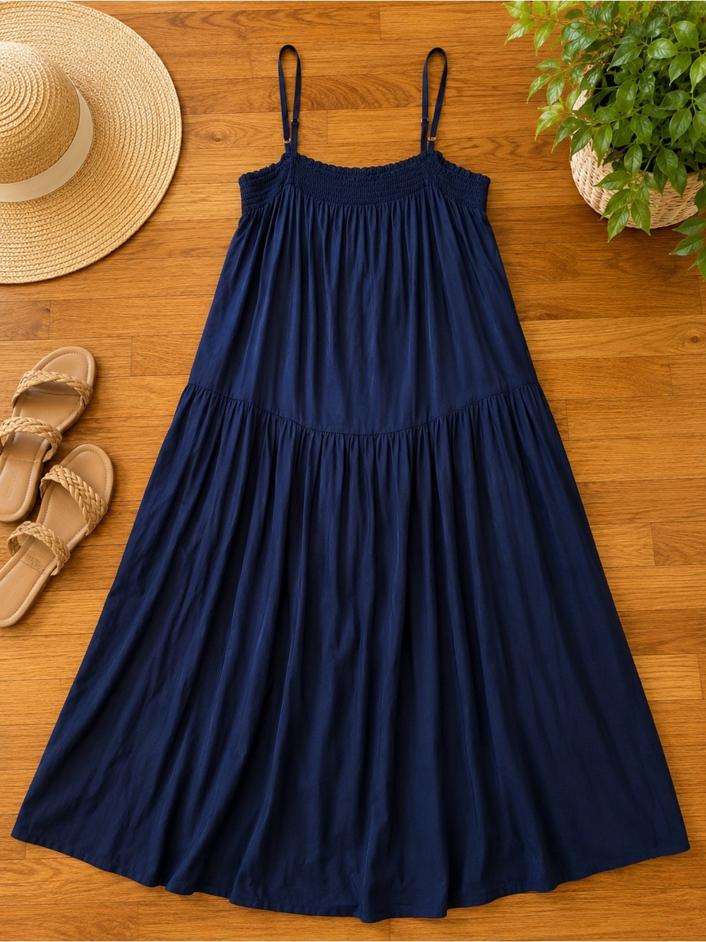 Old Navy Navy Blue Maxi Sundress XL NWT Smocked Tiered Dress Adjustable Straps